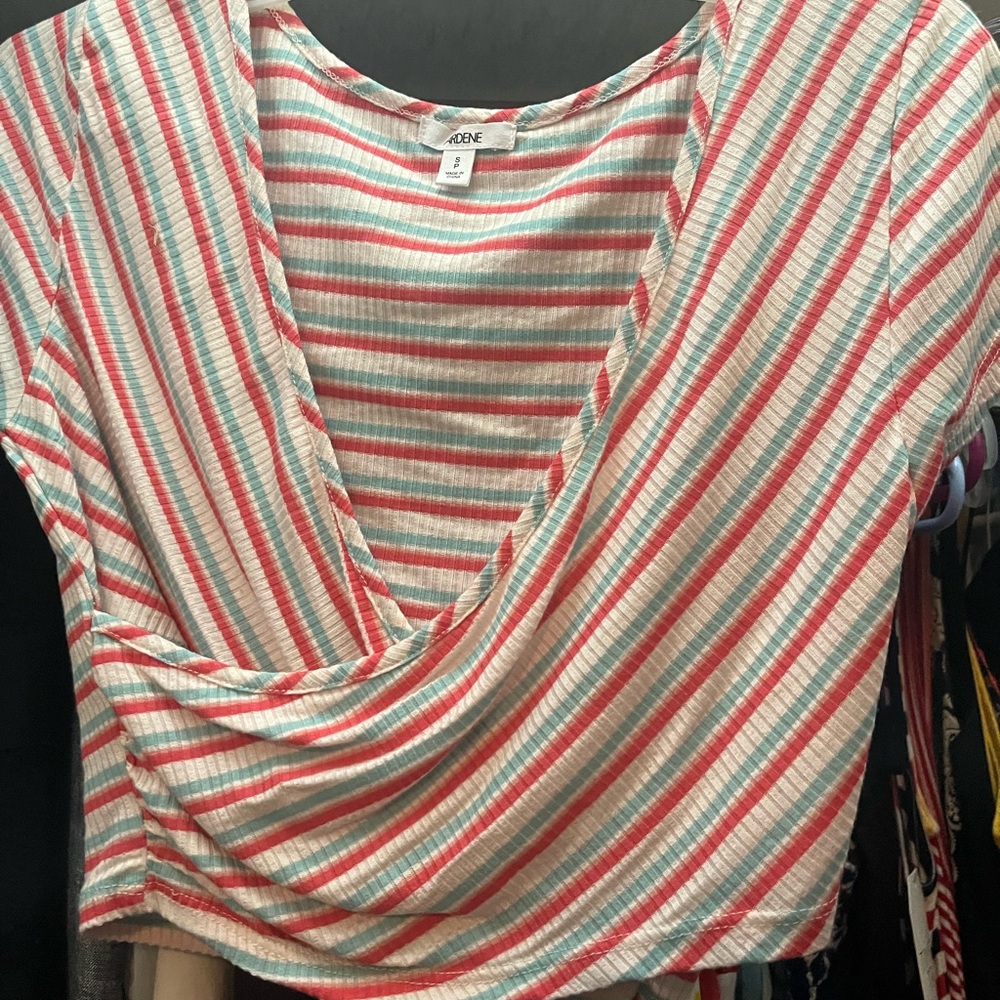 Ardene Coral, Teal & Cream Striped Wrap Crop Top